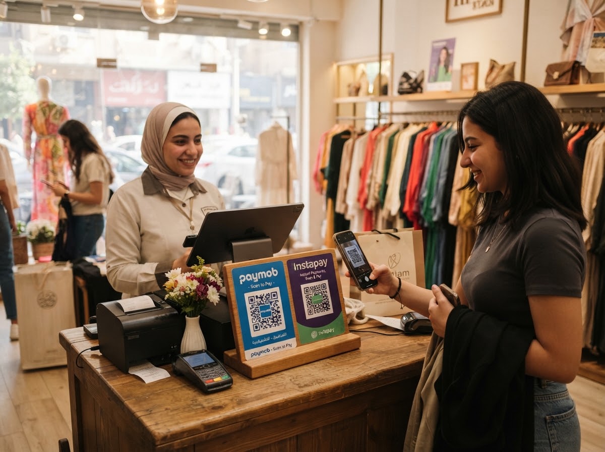 Modern Egyptian retail showroom counter with Paymob and Instapay QR payment stand