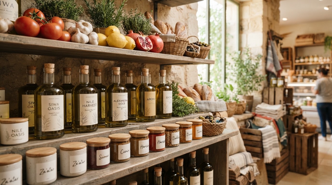 Artisanal Egyptian olive oils, Mediterranean spices, and organic produce arranged in a warm sunlit deli pantry with minimalist typography packaging.