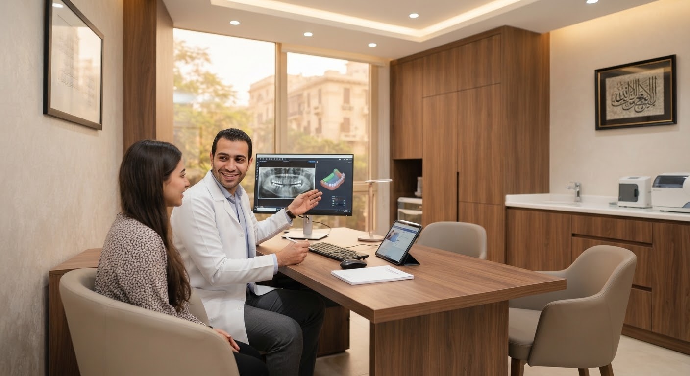 Modern high-end dental and specialist clinic consultation suite in Zamalek, Cairo. An Egyptian doctor wearing a clean medical coat speaks warmly with a patient. Elegant interior with warm architectural timber accents, soft recessed lighting, and contemporary medical equipment.