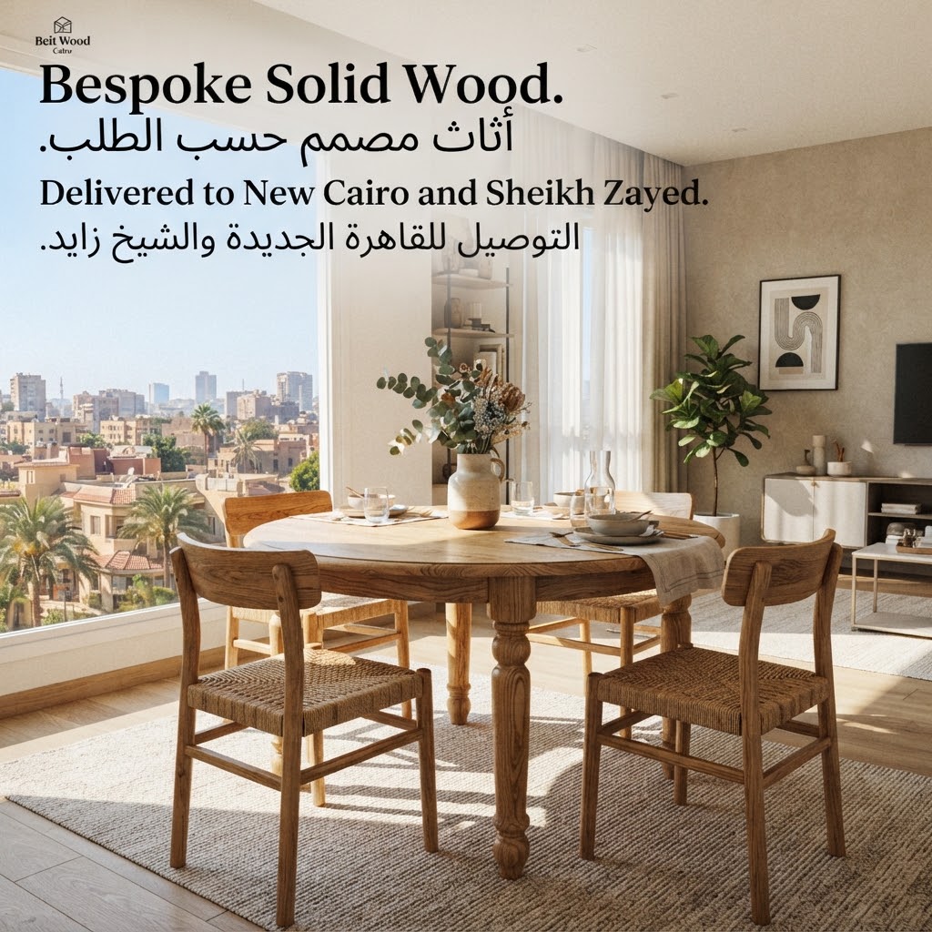 Social media ad creative featuring handcrafted dining room set in modern Cairo apartment