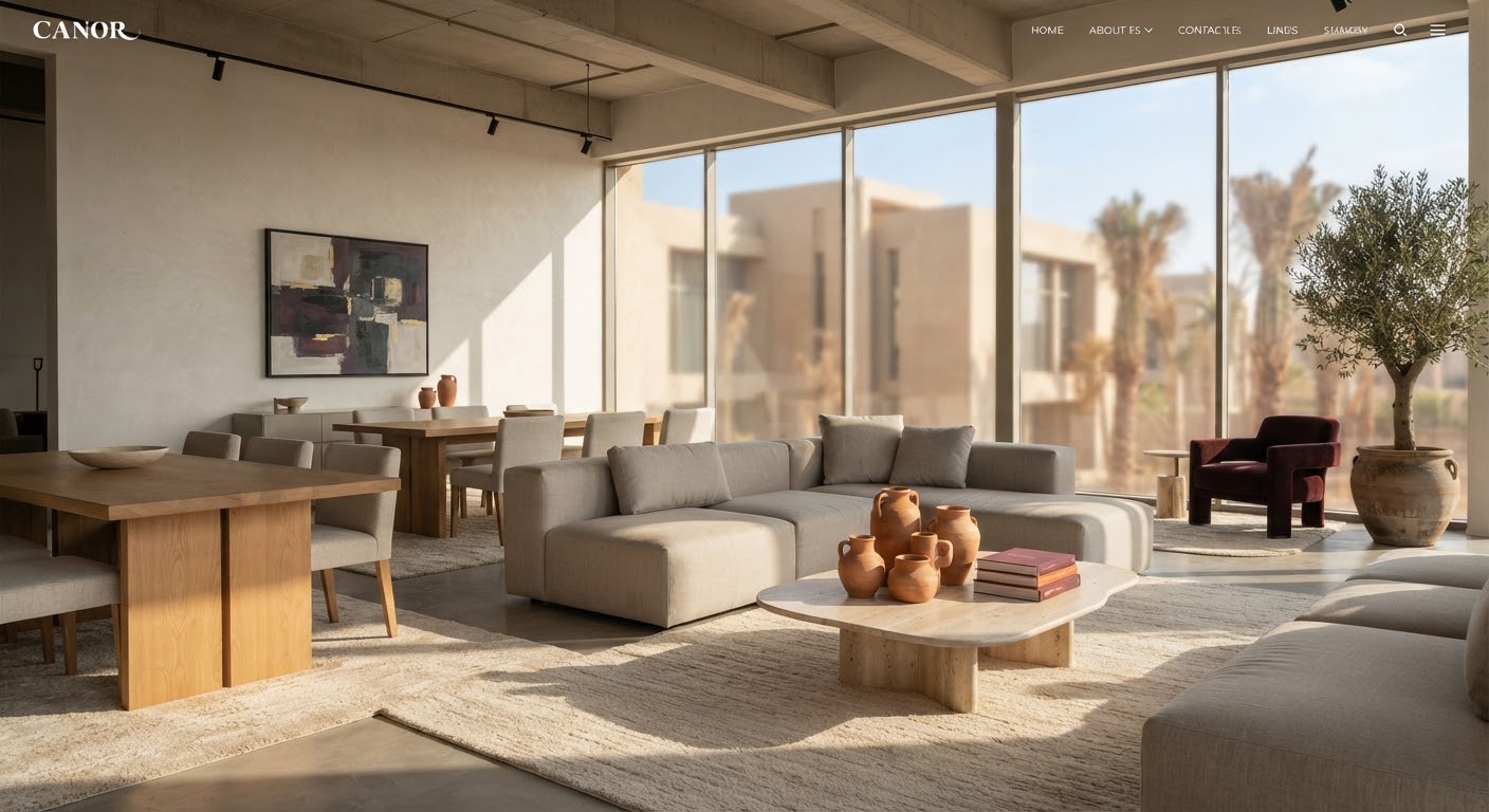 Editorial photograph of a minimalist luxury furniture showroom in New Cairo, Egypt. Warm natural afternoon light shining across handcrafted solid oak dining tables, neutral linen modular sofas, and warm terracotta ceramic vessels. Highly refined interior styling with deep wine accents and soft shadows.
