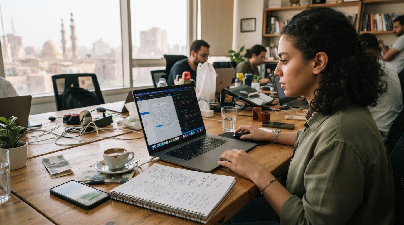Editorial candid documentary photo representing web design and tech business in Cairo
