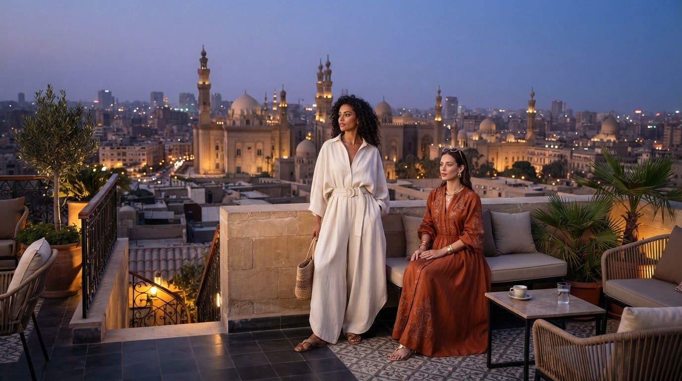 High fashion editorial photography of contemporary linen resortwear on a rooftop terrace overlooking historic Cairo minarets and citadel at dusk.