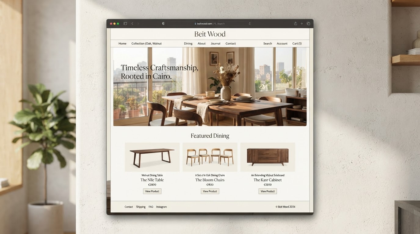 Beit Wood furniture ecommerce platform showing oak dining collections