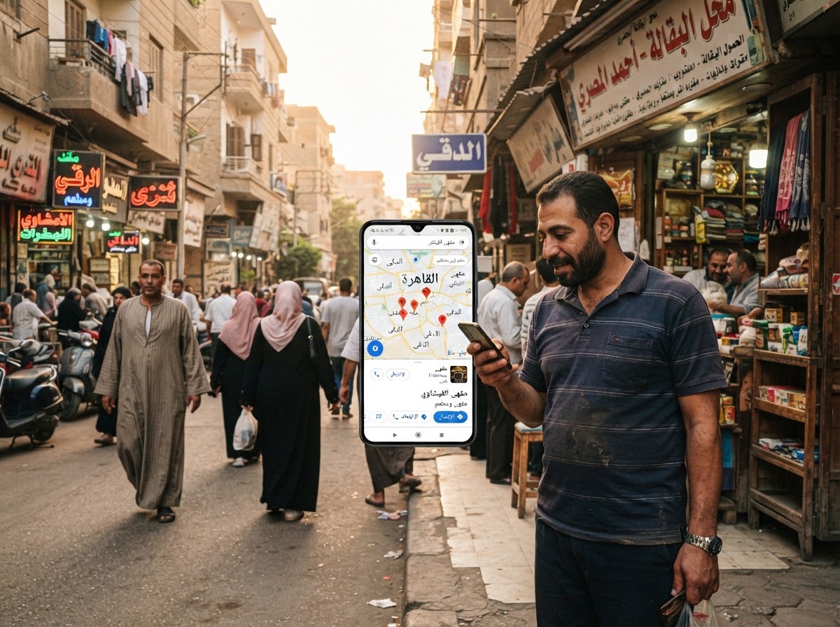 Cairo street outside a storefront with mobile phone showing Google Maps pins